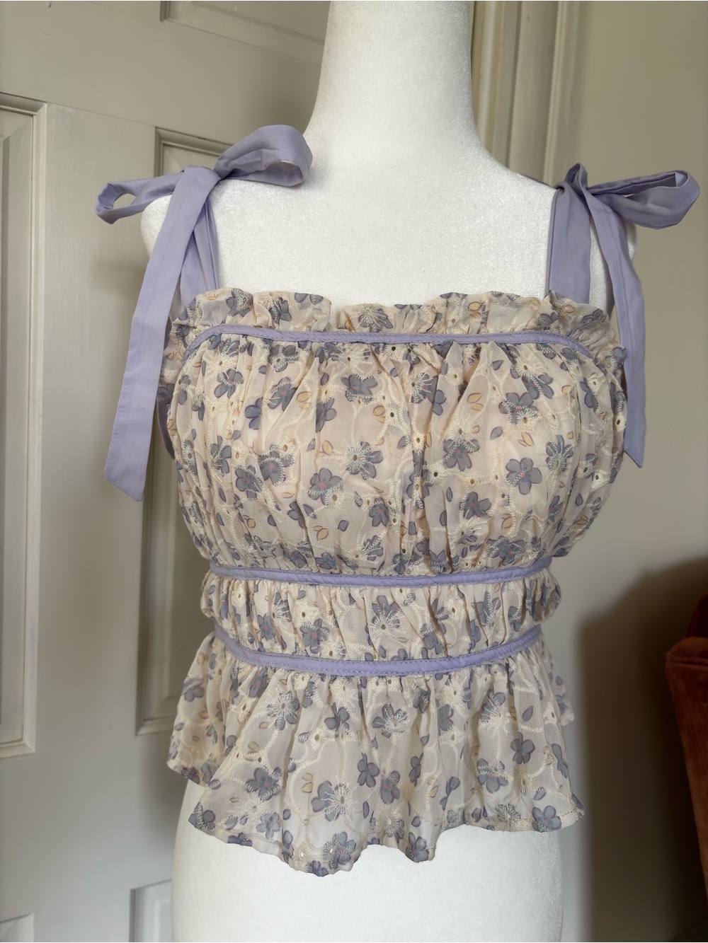 Altar'd State 💜small Lavender and Cream Floral Tie-Shoulder Peplum Top smocked